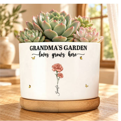 Grandma's Garden Love Grows Here, Gift For Grandma | Personalized Ceramic Plant Pot With Bamboo Tray