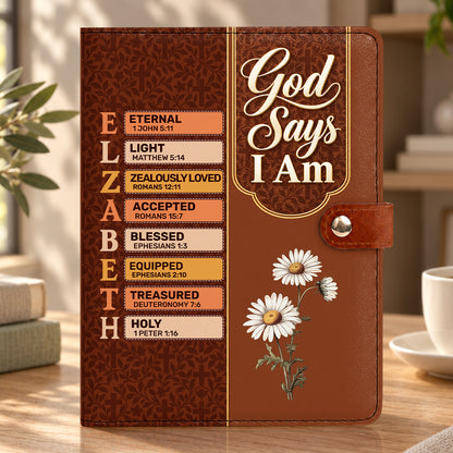 God Says I Am, Gift For Women | Personalized Leather Notebook Cover With Pocket