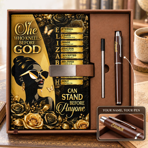 She Who Kneels Before God Can Stand Before Anyone, Gift For Women | Personalized Leather Notebook & Pen Set