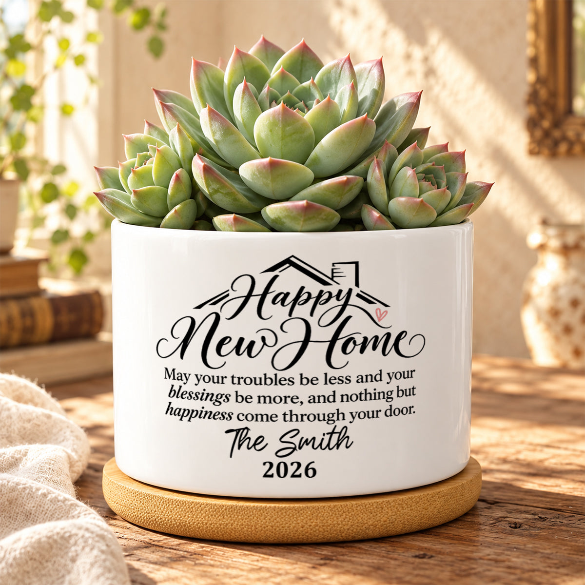 Personalized Ceramic Plant Pot With Bamboo Tray