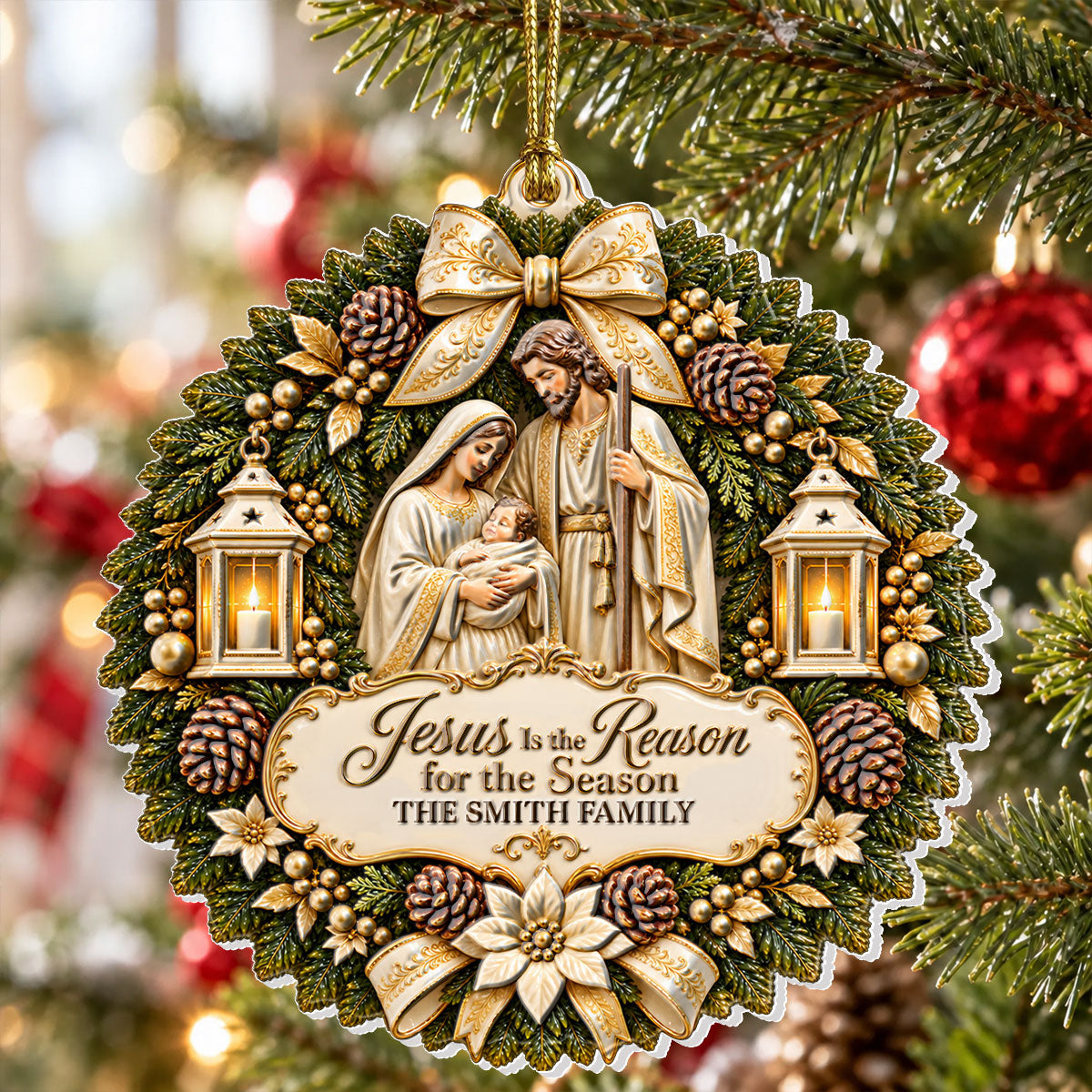 Jesus Is The Reason For The Season, Christian Christmas Gifts For Family | Personalized 3D Relief White Acrylic Ornament