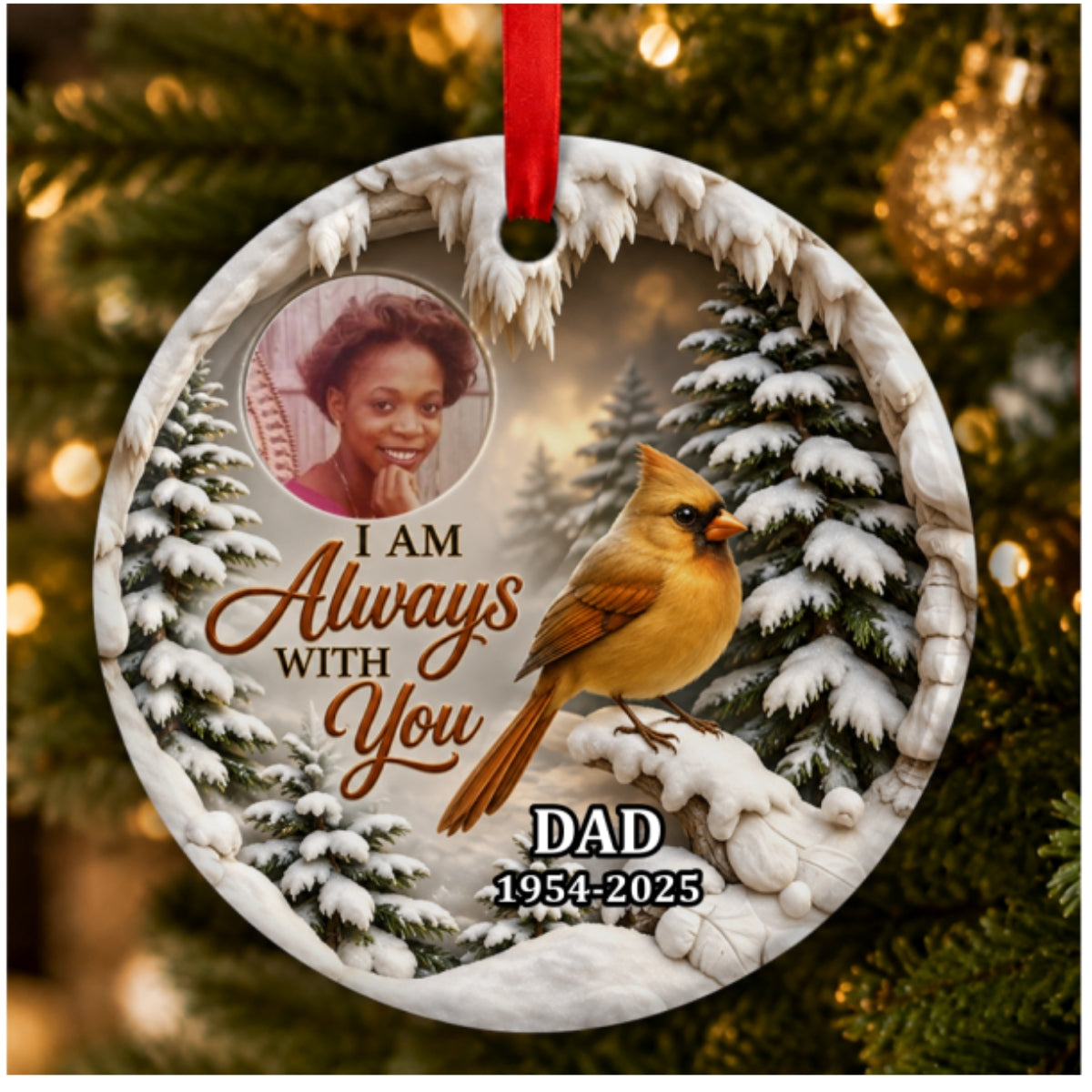 Cardinal In Winter, Gift For Family - Personalized Round Shaped Ceramic Ornament