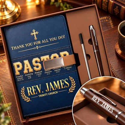 Thank You for All You Do, Gift For Pastor - Personalized Leather Notebook & Pen Set