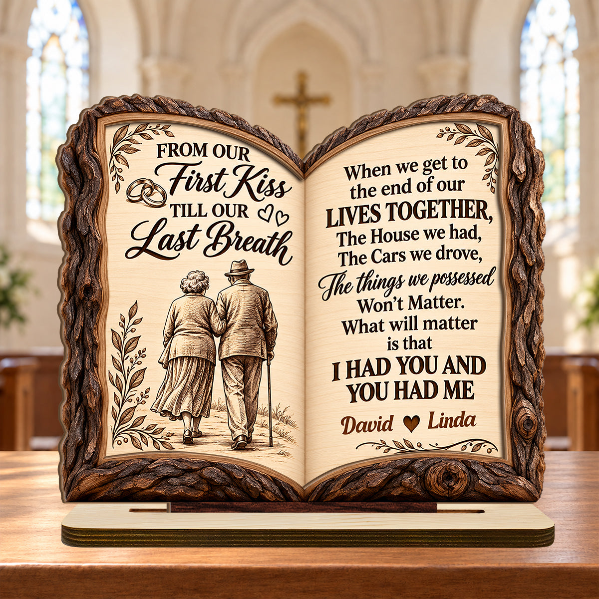 From Our First Kiss To Our Last Breath Love Journey Book, Anniversary Gifts For Couples | Personalized 2-Layer Wood Plaque With Flat Base