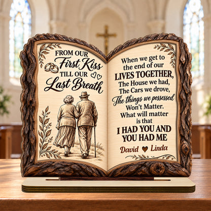 From Our First Kiss To Our Last Breath Love Journey Book, Anniversary Gifts For Couples | Personalized 2-Layer Wood Plaque With Flat Base