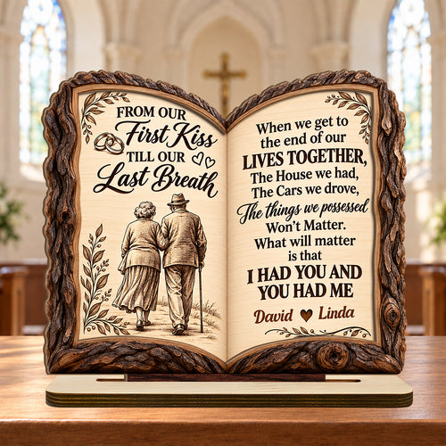 From Our First Kiss To Our Last Breath Love Journey Book, Anniversary Gifts For Couples | Personalized 2-Layer Wood Plaque With Flat Base