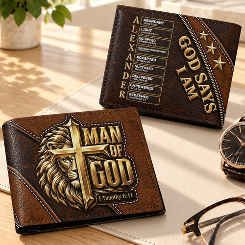 Man Of God, Gift For Men | Personalized Leather Folded Wallet