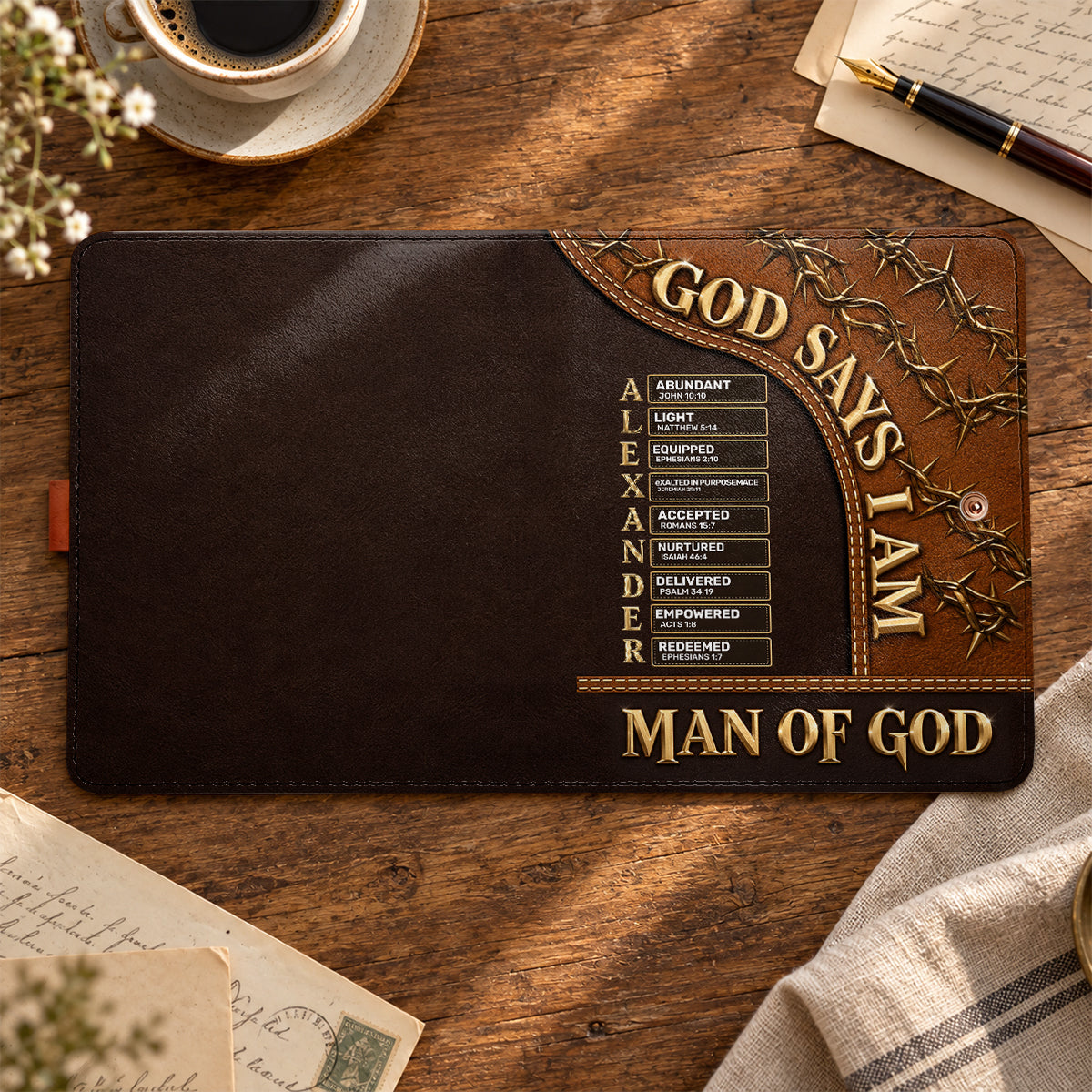 Man Of God, Gift For Men | Personalized Leather Notebook Cover With Pocket
