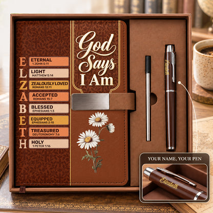 God Says I Am, Gift For Women | Personalized Leather Notebook & Pen Set