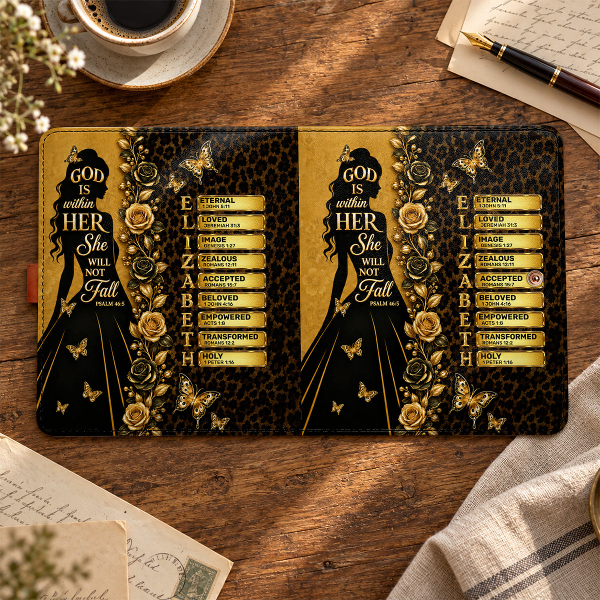 God Is Within Her She Will Not Fall, Gift For Women | Personalized Leather Notebook Cover With Pocket
