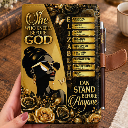She Who Kneels Before God Can Stand Before Anyone, Gift For Women | Personalized Leather Notebook & Pen Set