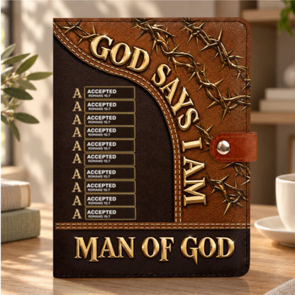 Man Of God, Gift For Men | Personalized Leather Notebook Cover With Pocket