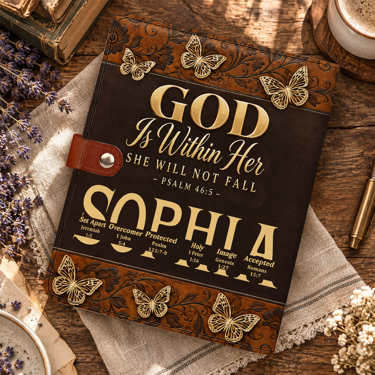 God Is Within Her She Will Not Fall, Gift For Women | Personalized Leather Notebook Cover With Pocket