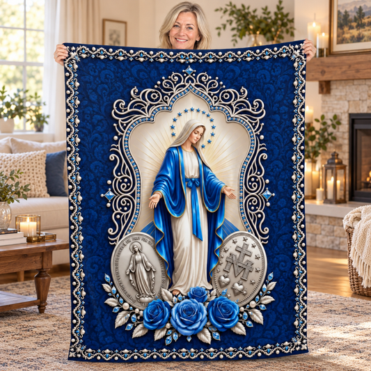 Our Lady Of Grace Royal Blue Miraculous Medal, Gift For Family | Personalized Fleece Blanket
