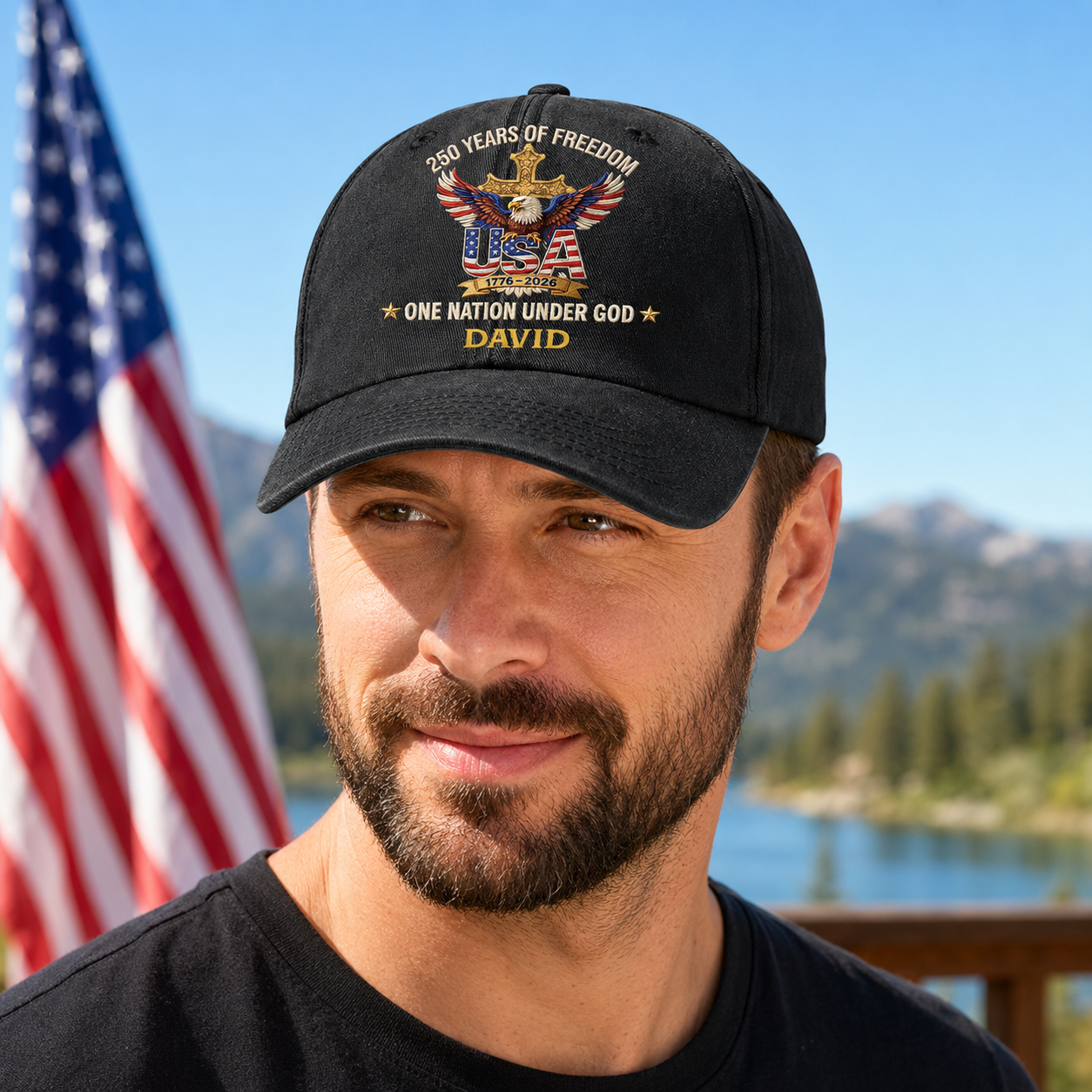 Faux Puff Embroidery Effect 250 Years Of Freedom One Nation Under God | Personalized Vintage Washed Denim Cap