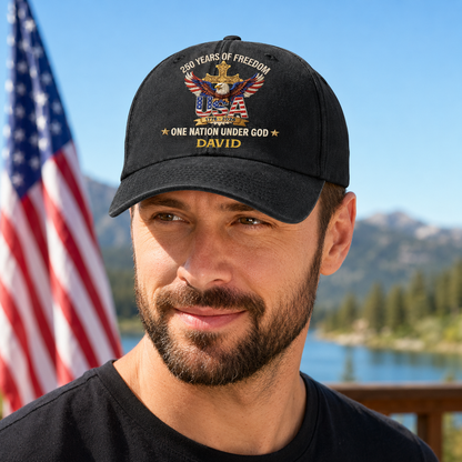 Faux Puff Embroidery Effect 250 Years Of Freedom One Nation Under God | Personalized Vintage Washed Denim Cap