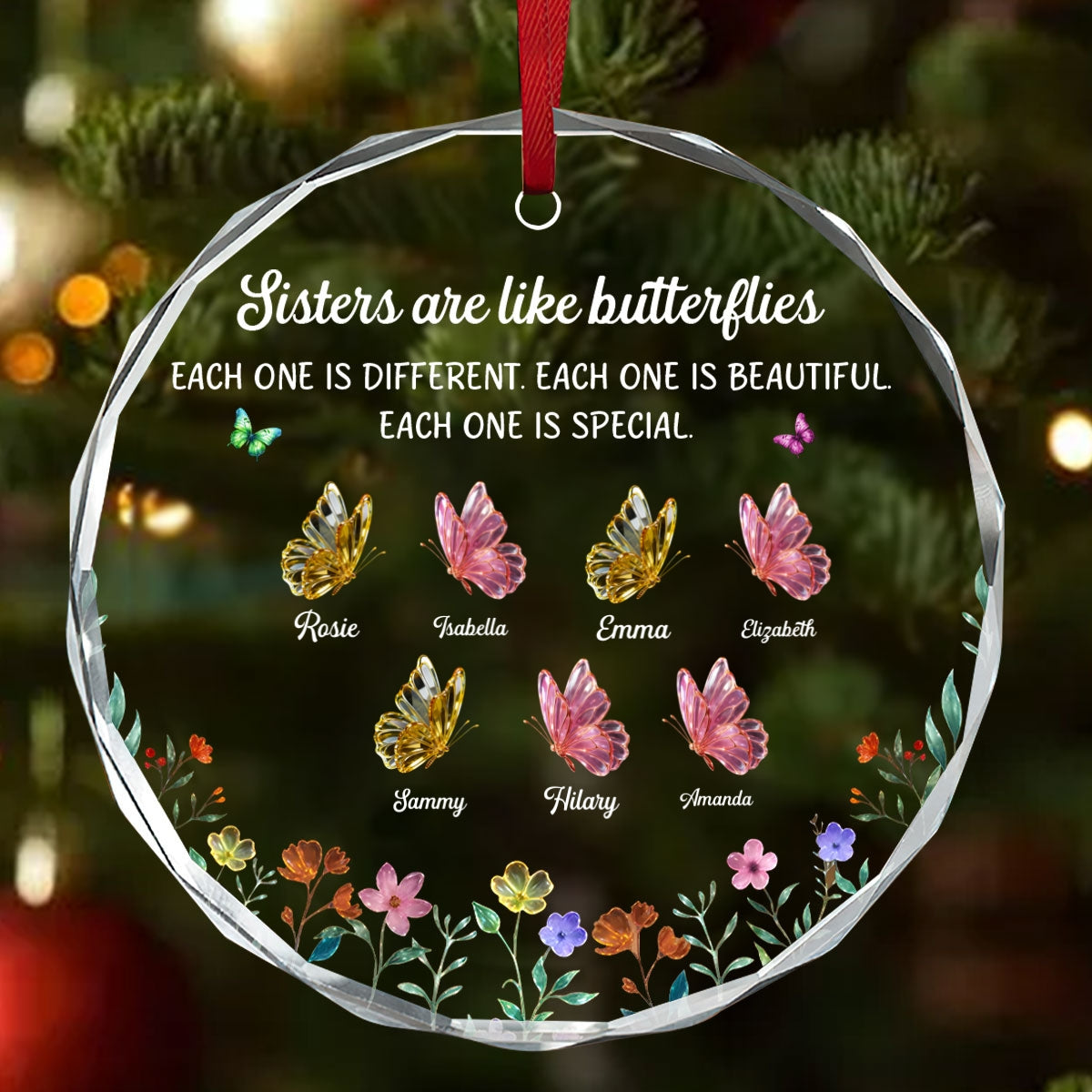 Festive Sister Love, Gift For Sister | Personalized Round Shaped Glass Ornament