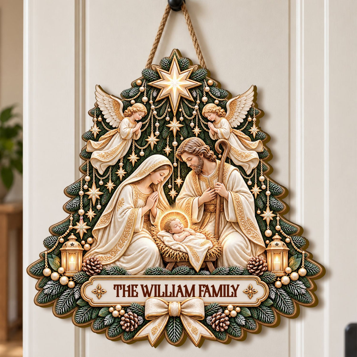 Holy Night Nativity Tree, Gift For Family | Personalized Wooden Door Sign
