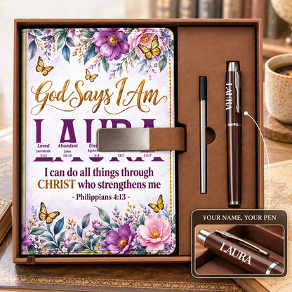 God Says I Am, Gift For Women | Personalized Leather Notebook & Pen Set