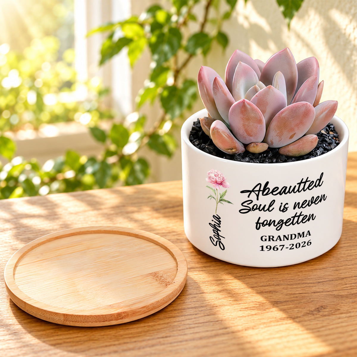 A Beautiful Soul Is Never Forgotten Grandma, Memorial Gift | Personalized Ceramic Plant Pot With Bamboo Tray