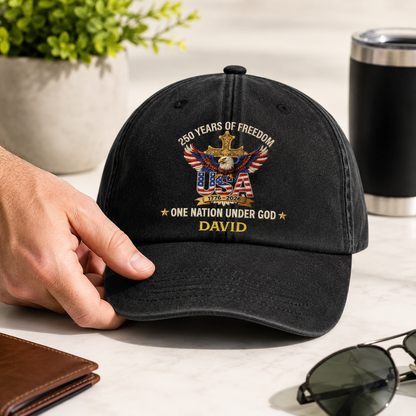 Faux Puff Embroidery Effect 250 Years Of Freedom One Nation Under God | Personalized Vintage Washed Denim Cap