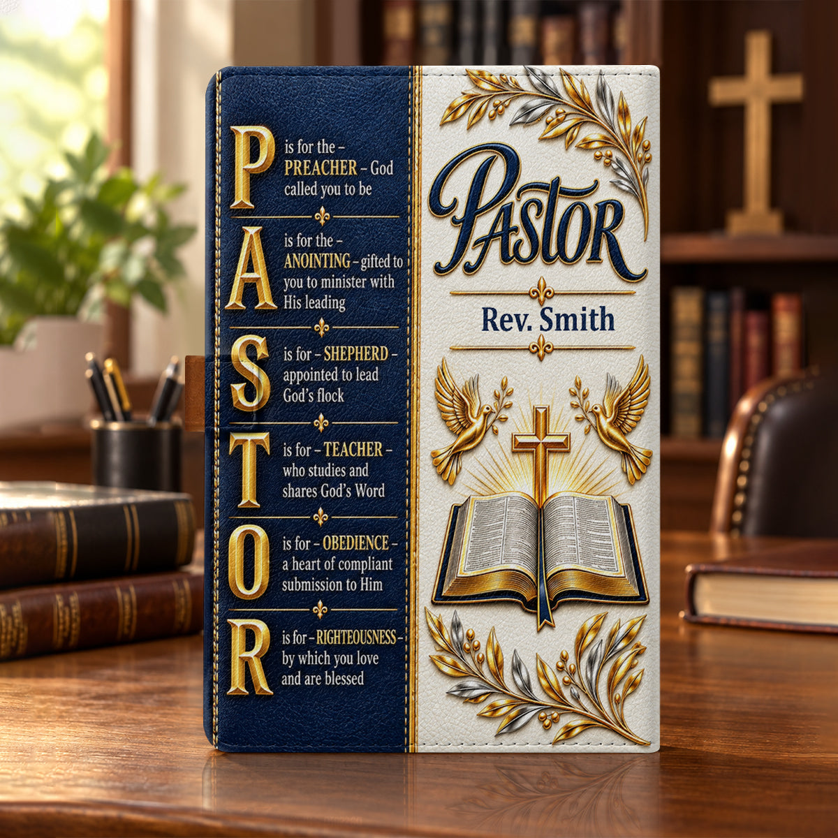 Pastor’s Words Of Faith, Gift For Pastor | Personalized Leather Notebook & Pen Set