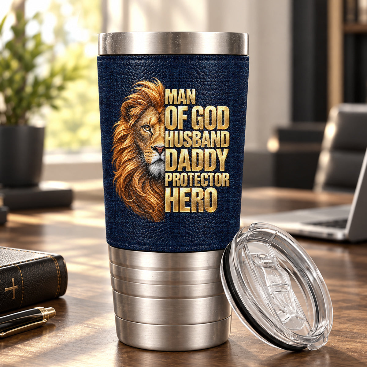Man Of God Husband Dad Protector Hero, Gift For Husband Dad | Personalized 20oz Leather Wrapped Tumbler