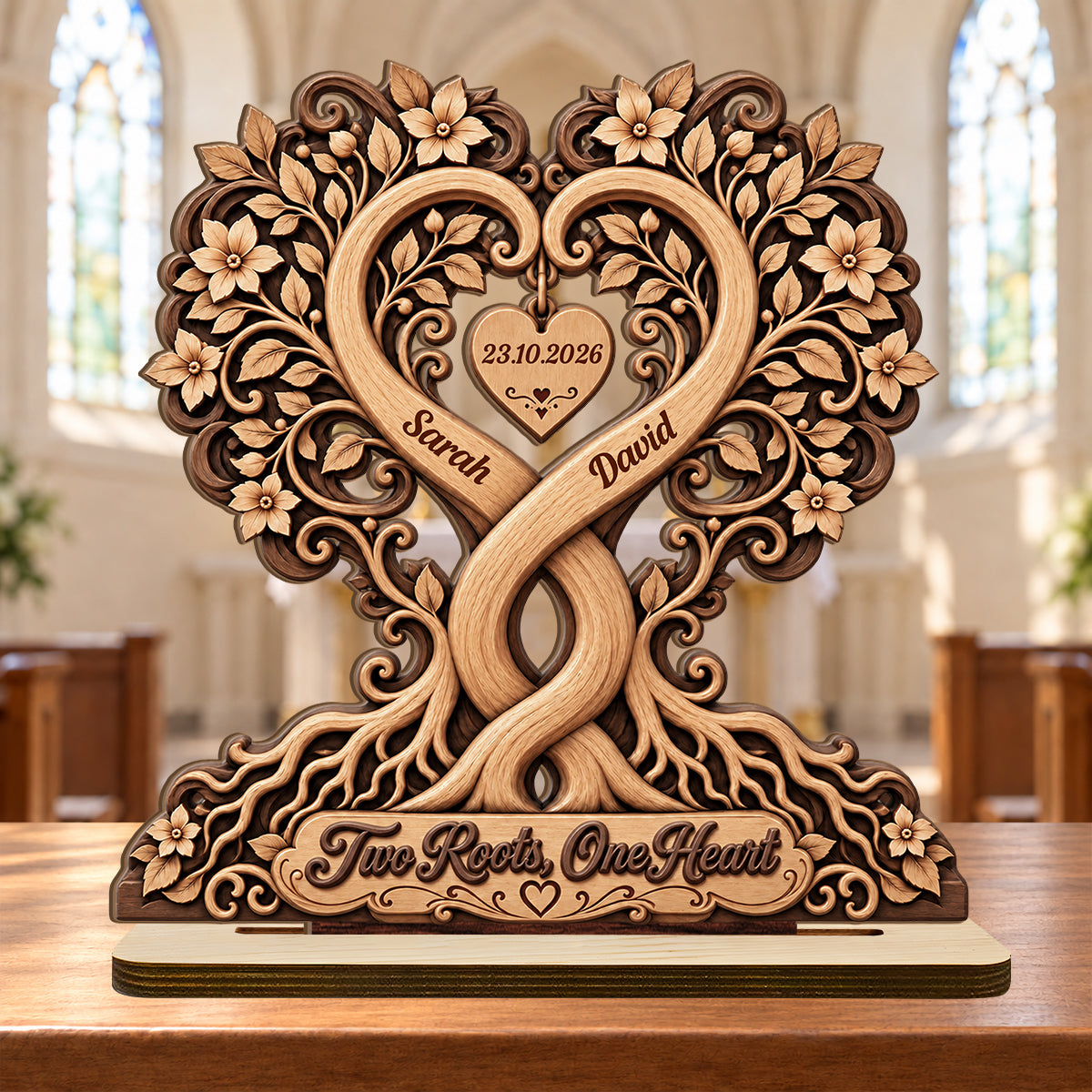 Couple Heart Tree Wooden Block, Anniversary Gifts For Couples | Personalized 2-Layer Wood Plaque With Flat Base