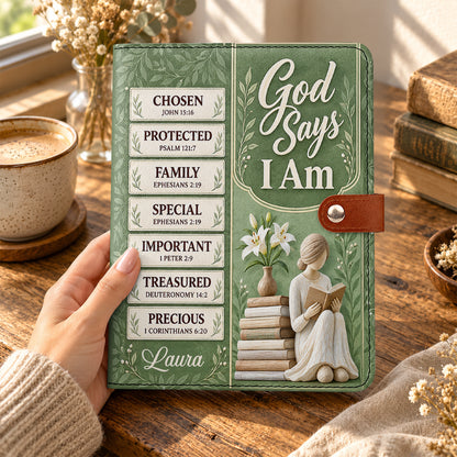 God Says I Am, Gift For Women | Personalized Leather Notebook Cover With Pocket