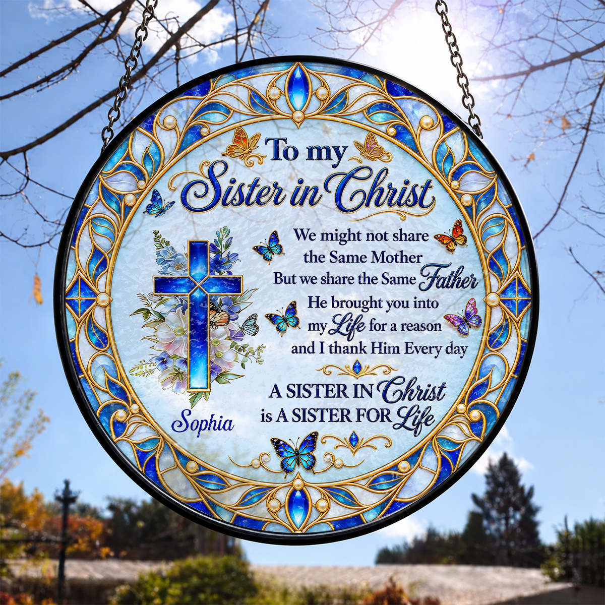 Sister In Christ, Christian Gifts For Sister In Christ | Personalized Stained Glass Window Hanging Suncatcher