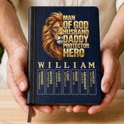 Man Of God Husband Dad Protector Hero, Gift For Dad | Personalized Leather Cover Notebook