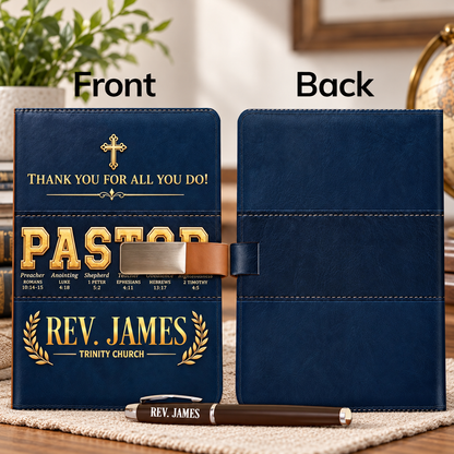 Thank You for All You Do, Gift For Pastor - Personalized Leather Notebook & Pen Set