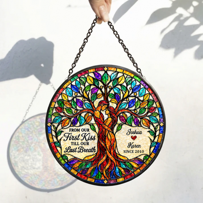 From Our First Kiss Tree Of Love, Gift For Loved One | Personalized Stained Glass Window Hanging Suncatcher