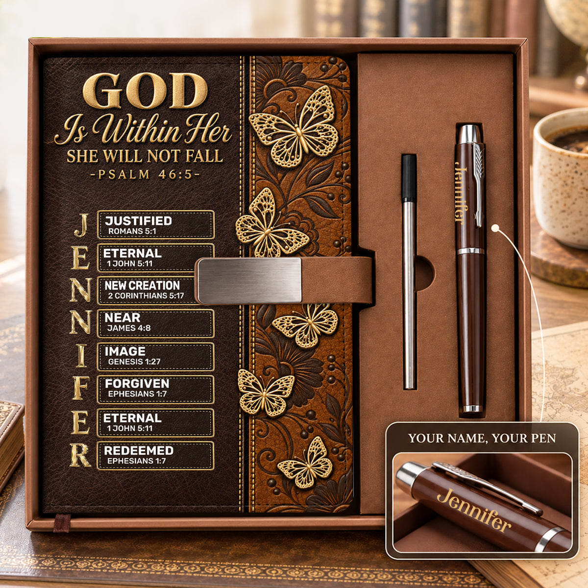 God Is Within Her She Will Not Fall Butterfly, Gift For Women | Personalized Leather Notebook & Pen Set