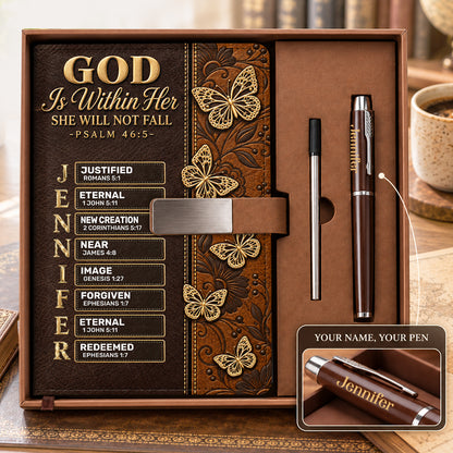 God Is Within Her She Will Not Fall Butterfly, Gift For Women | Personalized Leather Notebook & Pen Set