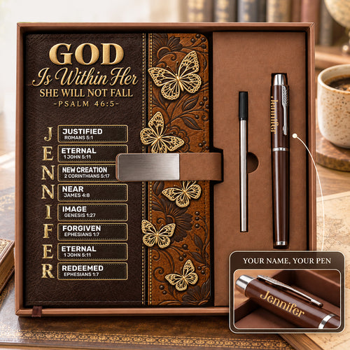 God Is Within Her She Will Not Fall Butterfly, Gift For Women | Personalized Leather Notebook & Pen Set