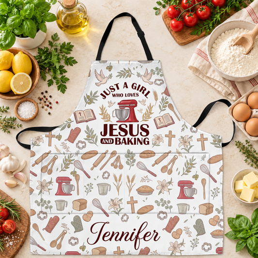 Just A Girl Who Loves Jesus and Baking, Gift For Women | Personalized Apron With Pocket