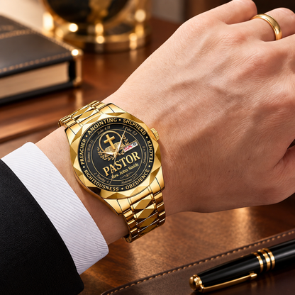 Faithful Shepherd Pastor Tribute, Gift For Pastor - Personalized Men's Wrist Watch