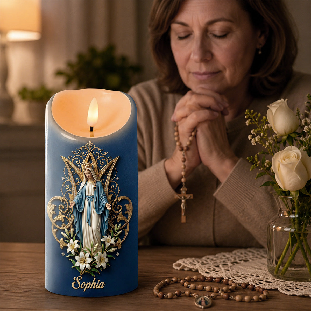 Crowned Maria Lily Devotion - Personalized Flameless LED Candle