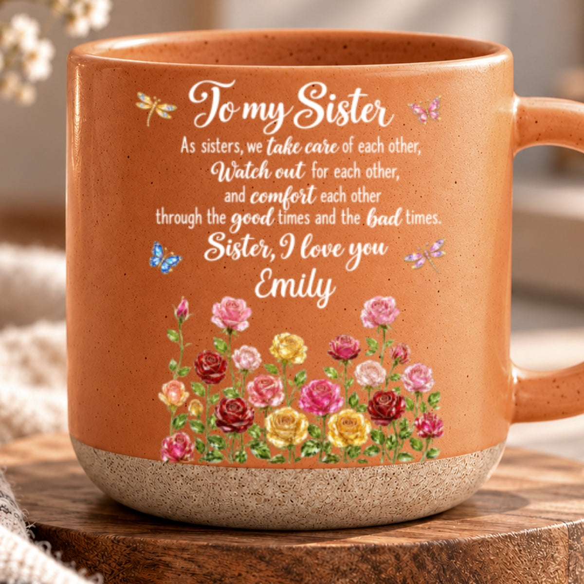 Blooming Bond, Custom Christmas & Birthday Gift For Sister - Personalized Pottery Mug