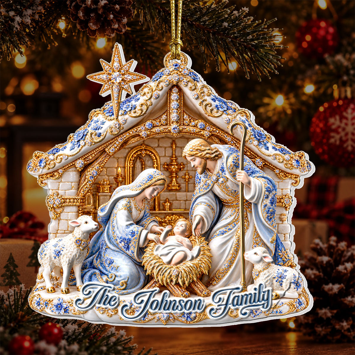Our Family Nativity, Gift For Family | Personalized 3D Relief White Acrylic Ornament