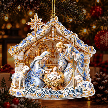 Our Family Nativity, Gift For Family | Personalized 3D Relief White Acrylic Ornament