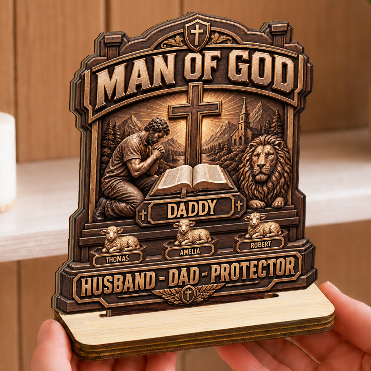 Man Of God, Gift For Dad, Husband, Grandpa, Christian Dad | Personalized 2-Layered Wooden Plaque 