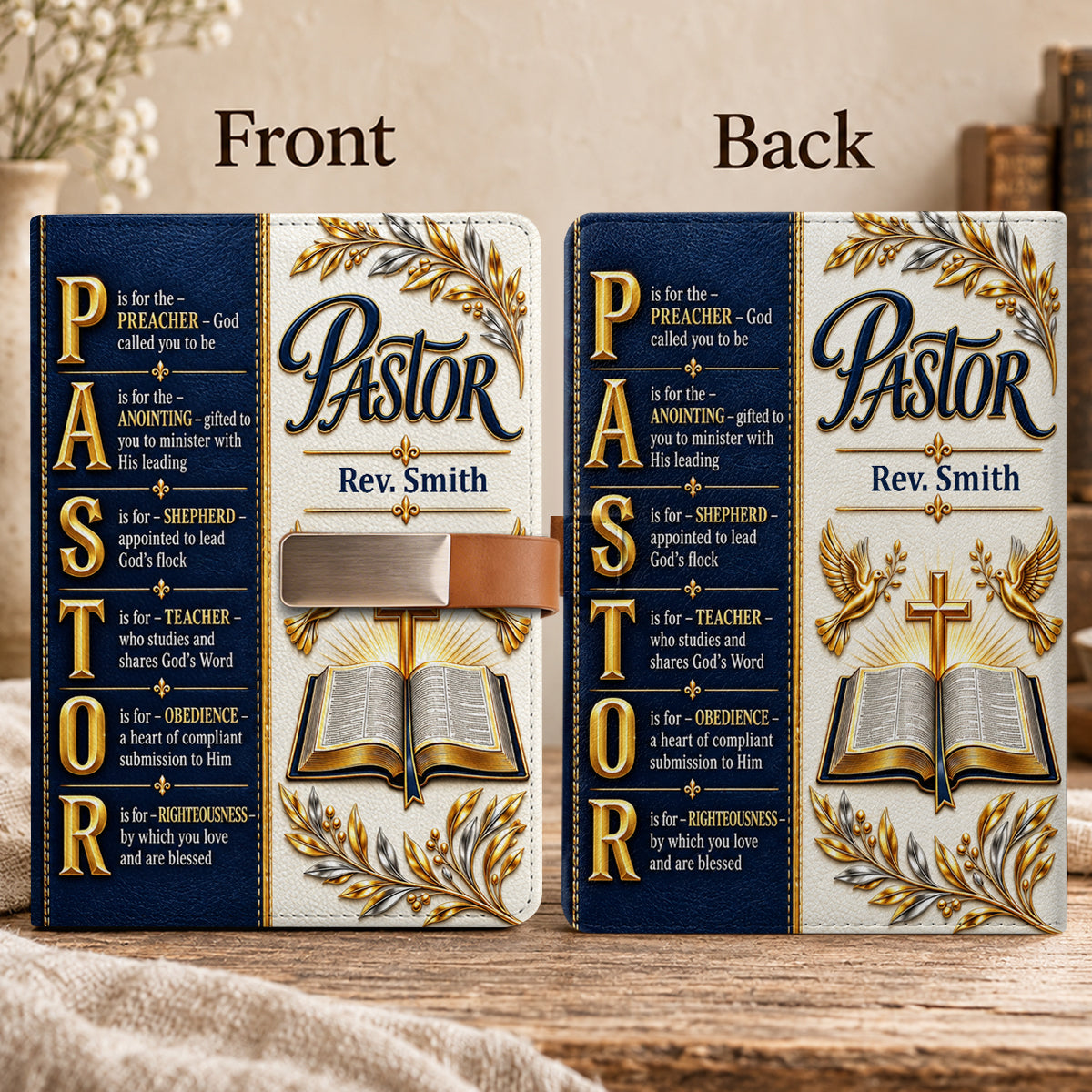 Pastor’s Words Of Faith, Gift For Pastor | Personalized Leather Notebook & Pen Set