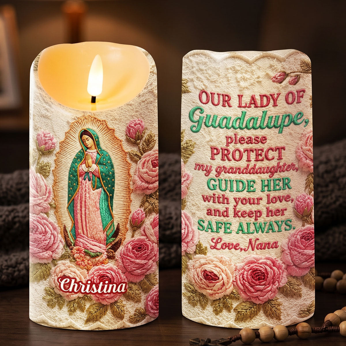 Our Lady Of Guadalupe Floral - Personalized Flameless LED Candle