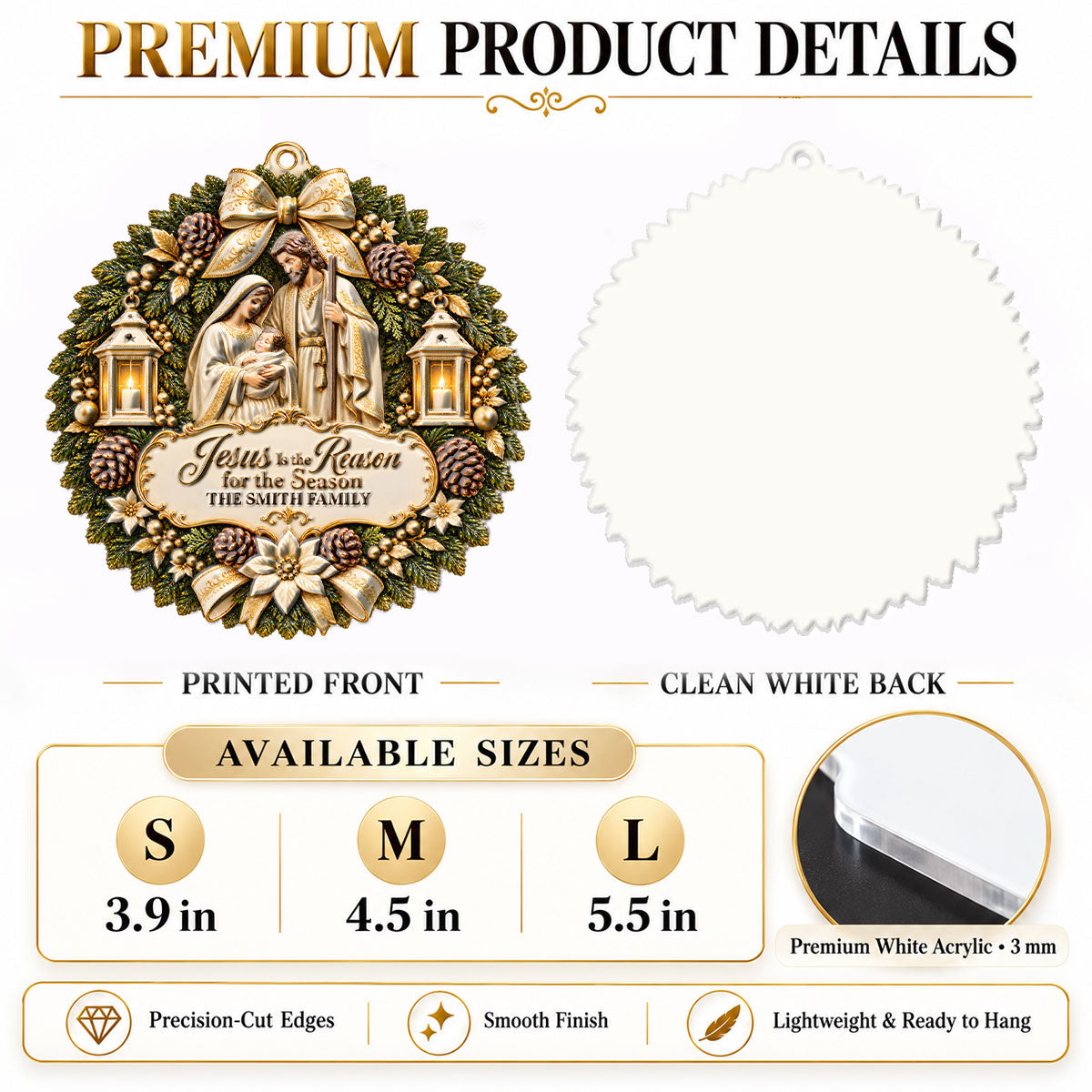 Jesus Is The Reason For The Season, Christian Christmas Gifts For Family | Personalized 3D Relief White Acrylic Ornament