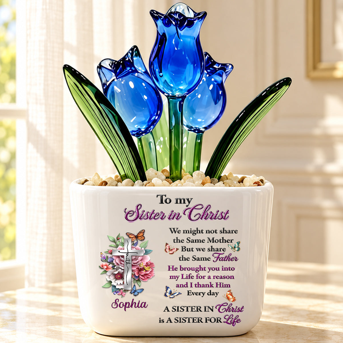 To My Sister In Christ, Christian Gifts For Sister In Christ | Personalized Glass Everlasting Tulips