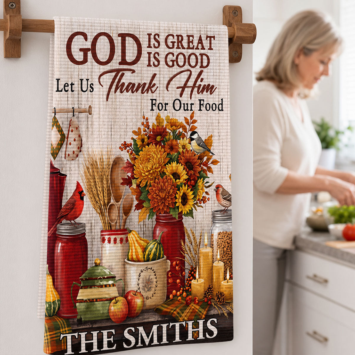 God Is Great God Is Good Let Us Thank Him For Our Food, Gift For Family | Personalized Kitchen Towel