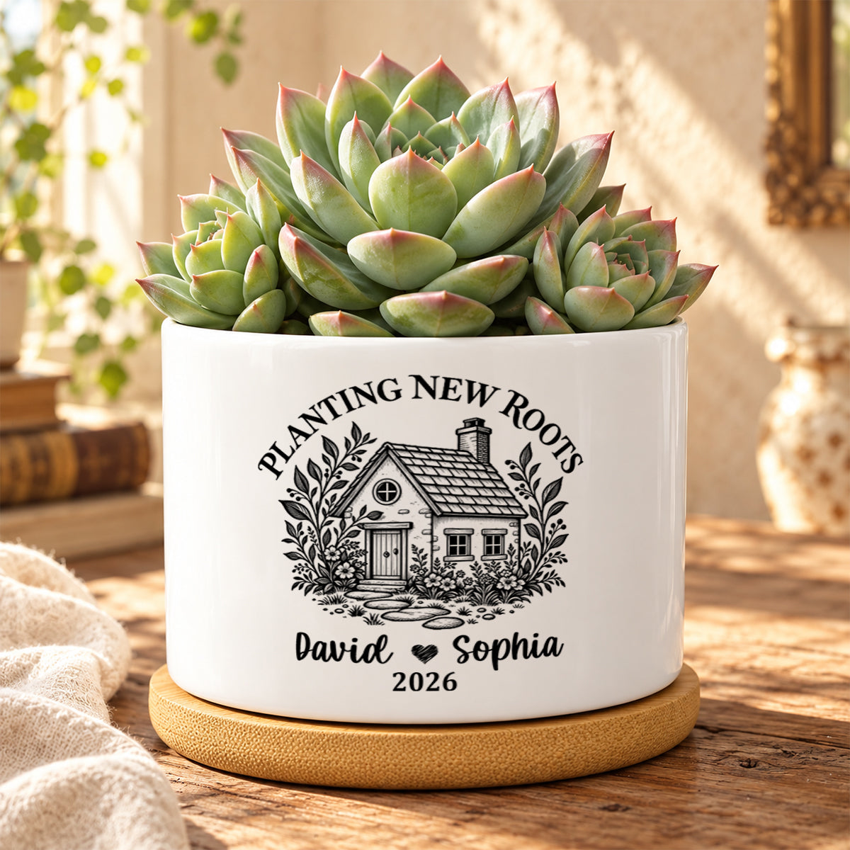 Planting New Roots, Couples Housewarming Gift | Personalized Ceramic Plant Pot With Bamboo Tray