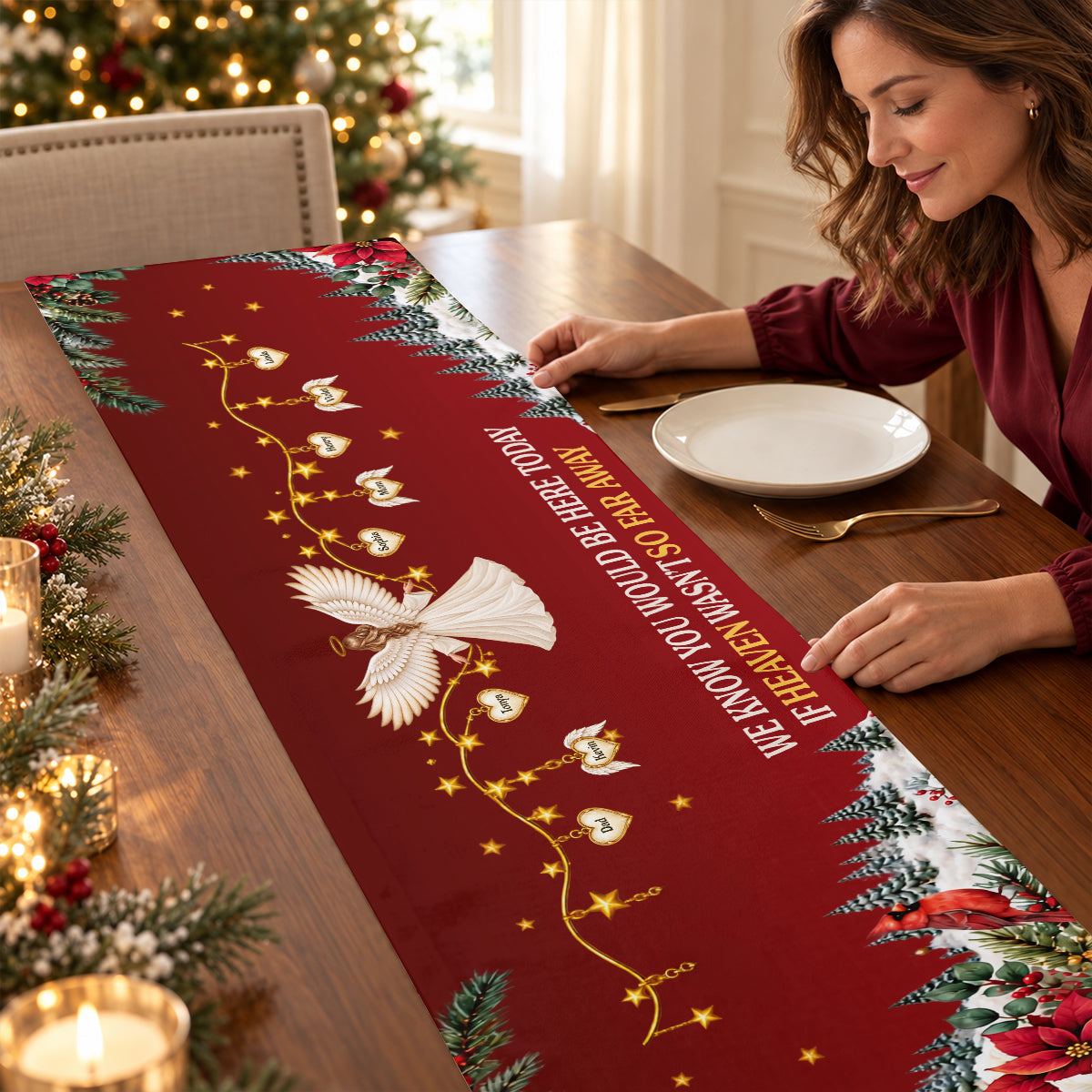 Custom Name Christmas Memorial Angel Decor, Gift For Family | Personalized Table Runner